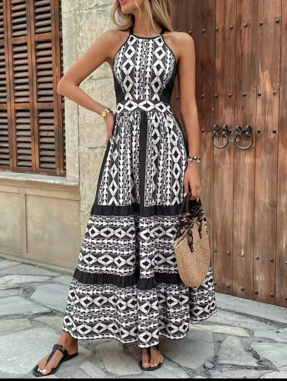 SHEIN Breezaya Print Cross Back Halter High Neck Backless Maxi Dress Medium NWT